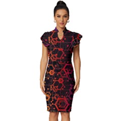 Abstract Red Geometric Vintage Frill Sleeve V-Neck Bodycon Dress