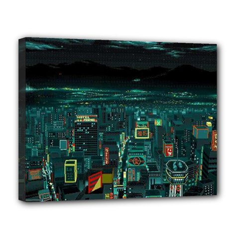 Night Black City Neon Sky Stars Moon Abstract Canvas 14  X 11  (stretched) by Cowasu