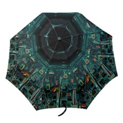 Night Black City Neon Sky Stars Moon Abstract Folding Umbrellas by Cowasu