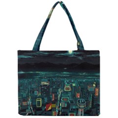 Night Black City Neon Sky Stars Moon Abstract Mini Tote Bag by Cowasu