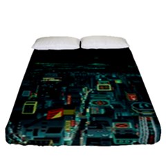 Night Black City Neon Sky Stars Moon Abstract Fitted Sheet (queen Size) by Cowasu