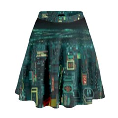 Night Black City Neon Sky Stars Moon Abstract High Waist Skirt by Cowasu