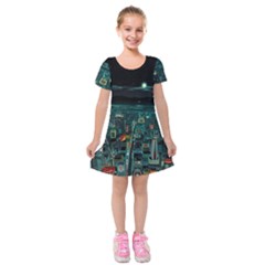 Night Black City Neon Sky Stars Moon Abstract Kids  Short Sleeve Velvet Dress by Cowasu