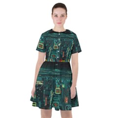 Night Black City Neon Sky Stars Moon Abstract Sailor Dress by Cowasu