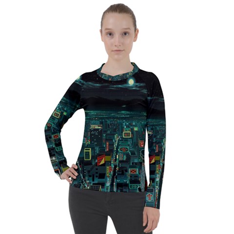 Night Black City Neon Sky Stars Moon Abstract Women s Pique Long Sleeve T-shirt by Cowasu