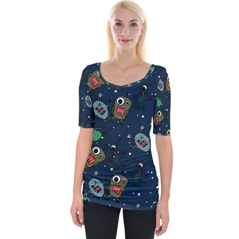 Monster Alien Pattern Seamless Background Wide Neckline T-shirt by pakminggu