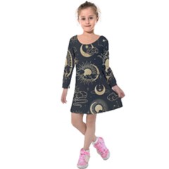 Asian Seamless Pattern With Clouds Moon Sun Stars Vector Collection Oriental Chinese Japanese Korean Kids  Long Sleeve Velvet Dress by pakminggu