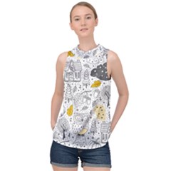 Doodle Seamless Pattern With Autumn Elements High Neck Satin Top by pakminggu