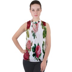 Roses-white Mock Neck Chiffon Sleeveless Top