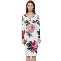 Roses-white Long Sleeve V-neck Bodycon Dress  by nateshop