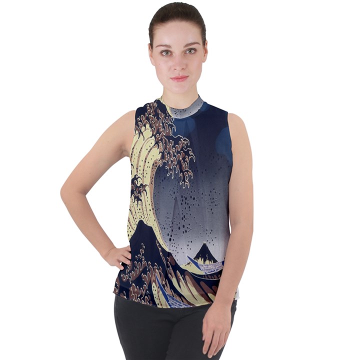 The Great Wave Off Kanagawa Japan Japanese Waves Mock Neck Chiffon Sleeveless Top