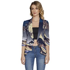 The Great Wave Off Kanagawa Japan Japanese Waves Women s 3/4 Sleeve Ruffle Edge Open Front Jacket by pakminggu