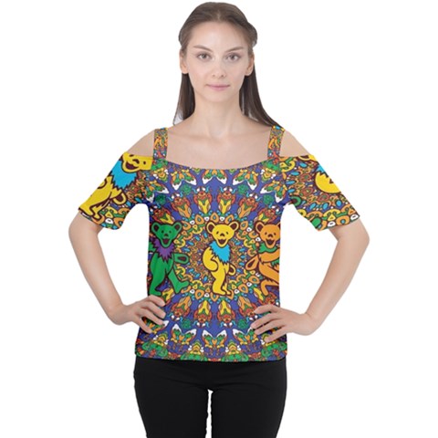 Dead Dancing Bears Grateful Dead Pattern Cutout Shoulder T-shirt by Grandong