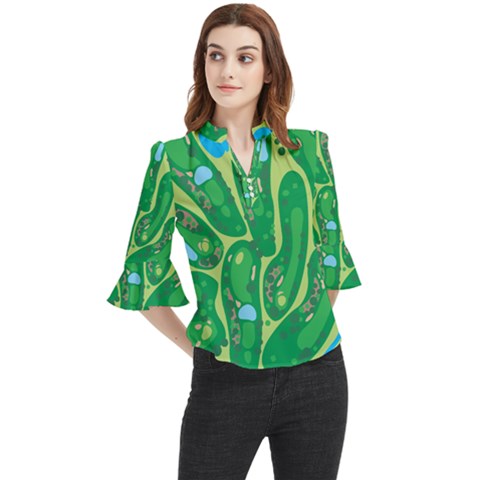 Golf Course Par Golf Course Green Loose Horn Sleeve Chiffon Blouse by Cowasu