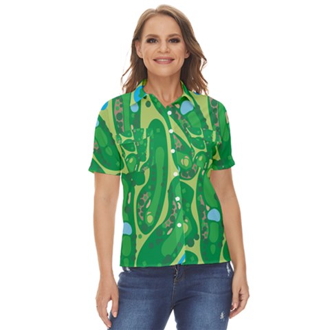Golf Course Par Golf Course Green Women s Short Sleeve Double Pocket Shirt by Cowasu