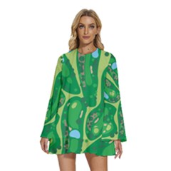 Golf Course Par Golf Course Green Round Neck Long Sleeve Bohemian Style Chiffon Mini Dress by Cowasu