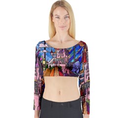 Beauty Stained Glass Castle Building Long Sleeve Crop Top by Cowasu