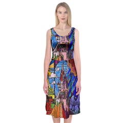 Beauty Stained Glass Castle Building Midi Sleeveless Dress by Cowasu