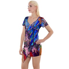 Beauty Stained Glass Castle Building Short Sleeve Asymmetric Mini Dress by Cowasu