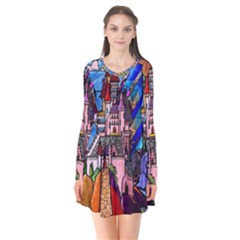 Beauty Stained Glass Castle Building Long Sleeve V-neck Flare Dress by Cowasu