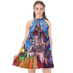 Beauty Stained Glass Castle Building Halter Neckline Chiffon Dress  by Cowasu