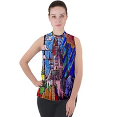 Beauty Stained Glass Castle Building Mock Neck Chiffon Sleeveless Top by Cowasu