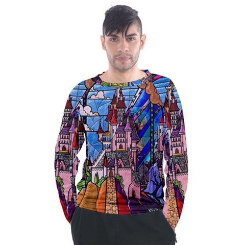 Beauty Stained Glass Castle Building Men s Long Sleeve Raglan T-shirt by Cowasu