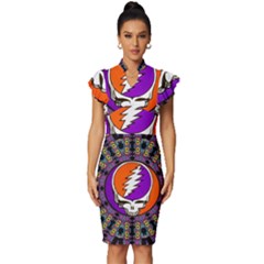 Gratefuldead Grateful Dead Pattern Vintage Frill Sleeve V-neck Bodycon Dress by Cowasu