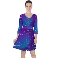 Realistic Night Sky With Constellations Quarter Sleeve Ruffle Waist Dress by Cowasu