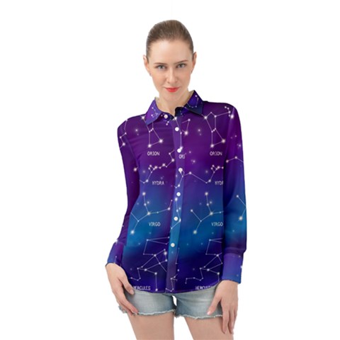 Realistic Night Sky With Constellations Long Sleeve Chiffon Shirt by Cowasu