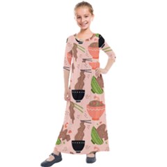 Japanese Street Food Soba Noodle In Bowl Pattern Kids  Quarter Sleeve Maxi Dress