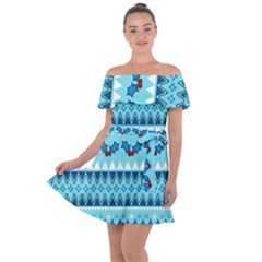 Blue Christmas Vintage Ethnic Seamless Pattern Off Shoulder Velour Dress by Bedest