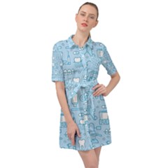 Dentist Blue Seamless Pattern Belted Shirt Dress