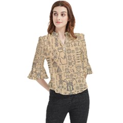 Aztec Tribal African Egyptian Style Seamless Pattern Vector Antique Ethnic Loose Horn Sleeve Chiffon Blouse