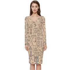 Aztec Tribal African Egyptian Style Seamless Pattern Vector Antique Ethnic Long Sleeve V-Neck Bodycon Dress 