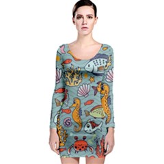 Cartoon Underwater Seamless Pattern With Crab Fish Seahorse Coral Marine Elements Long Sleeve Bodycon Dress by Bedest