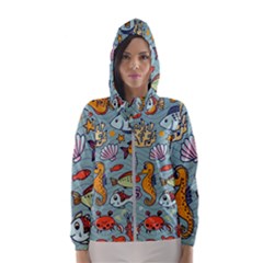 Cartoon Underwater Seamless Pattern With Crab Fish Seahorse Coral Marine Elements Women s Hooded Windbreaker by Bedest