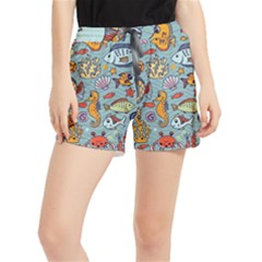 Cartoon Underwater Seamless Pattern With Crab Fish Seahorse Coral Marine Elements Women s Runner Shorts