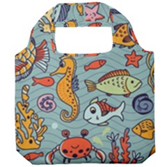 Cartoon Underwater Seamless Pattern With Crab Fish Seahorse Coral Marine Elements Foldable Grocery Recycle Bag