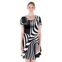 Op-art-black-white-drawing Short Sleeve V-neck Flare Dress by Bedest
