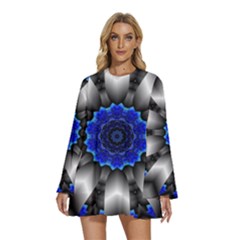 Kaleidoscope-abstract-round Round Neck Long Sleeve Bohemian Style Chiffon Mini Dress