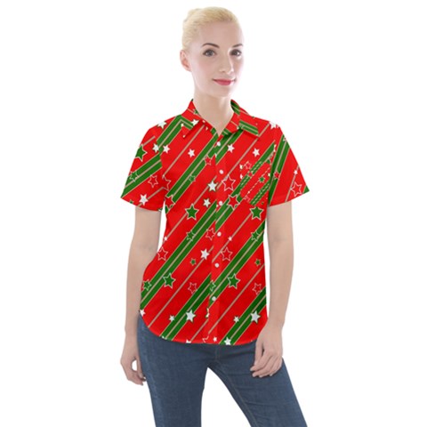 Christmas-paper-star-texture     - Women s Short Sleeve Pocket Shirt by Bedest