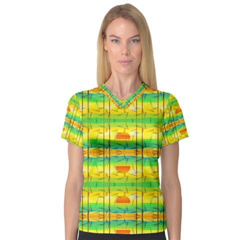 Birds-beach-sun-abstract-pattern V-neck Sport Mesh T-shirt by Bedest