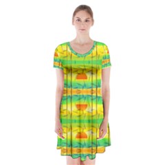 Birds-beach-sun-abstract-pattern Short Sleeve V-neck Flare Dress by Bedest