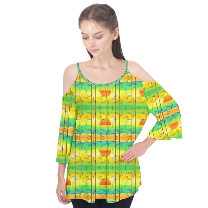 Birds-beach-sun-abstract-pattern Flutter Sleeve T-Shirt 