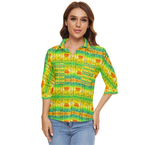 Birds-beach-sun-abstract-pattern Women s Quarter Sleeve Pocket Shirt by Bedest