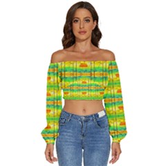 Birds-beach-sun-abstract-pattern Long Sleeve Crinkled Weave Crop Top by Bedest