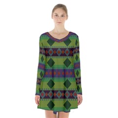 Background-batik 01 Long Sleeve Velvet V-neck Dress by nateshop