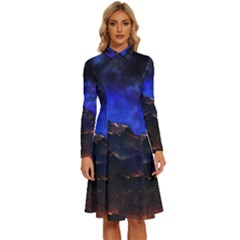 Landscape-sci-fi-alien-world Long Sleeve Shirt Collar A-line Dress by Bedest