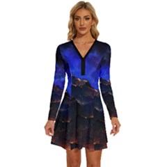 Landscape-sci-fi-alien-world Long Sleeve Deep V Mini Dress  by Bedest